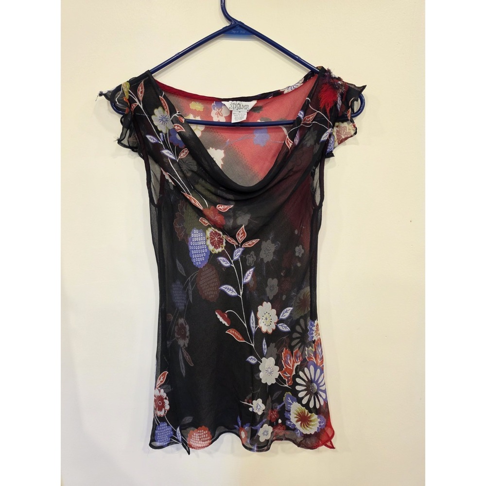 TRAMP Vintage Y2K Sheer Mesh Top Black Red MD Romantic Grunge Boho Whimsygoth